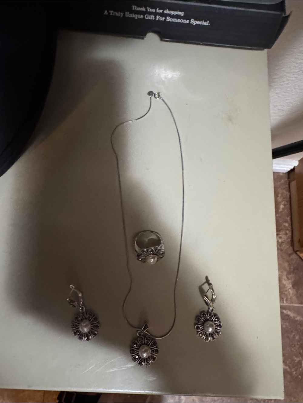 Silver-Tone Pearl Floral Pendant Necklace and Earring Set